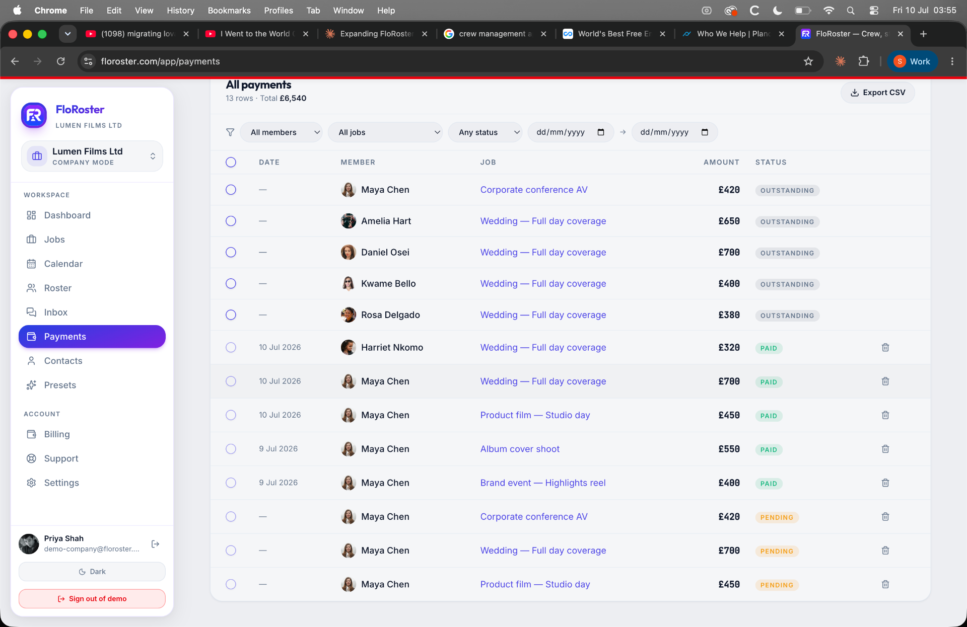 FloRoster payments table with paid, pending and outstanding