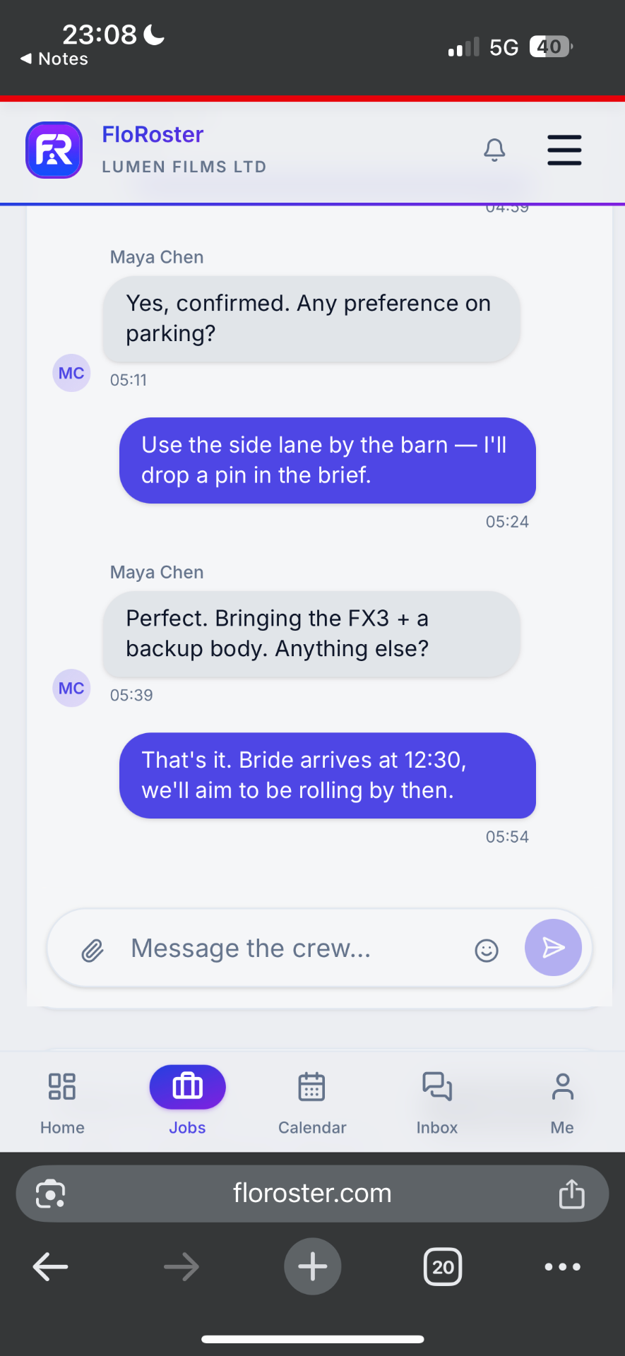 FloRoster inbox on mobile