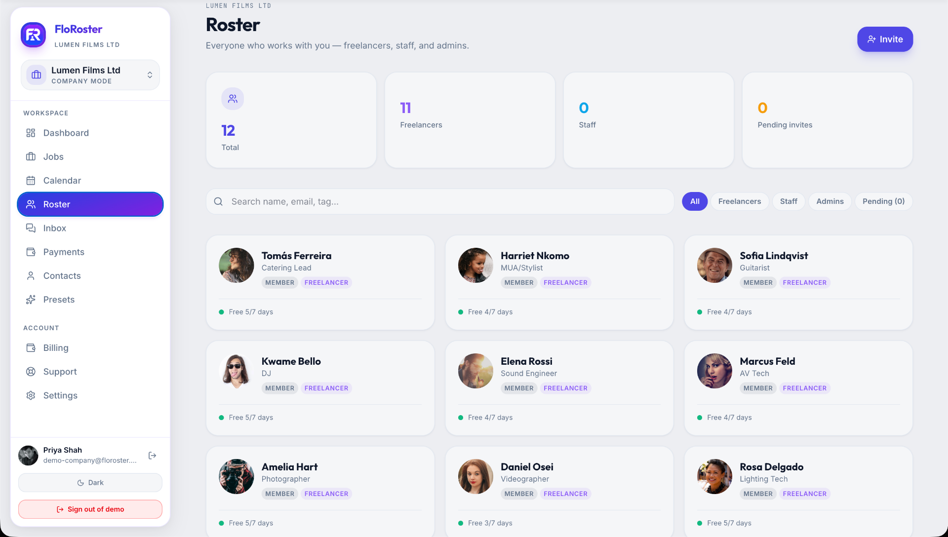 FloRoster private roster of freelancers and staff