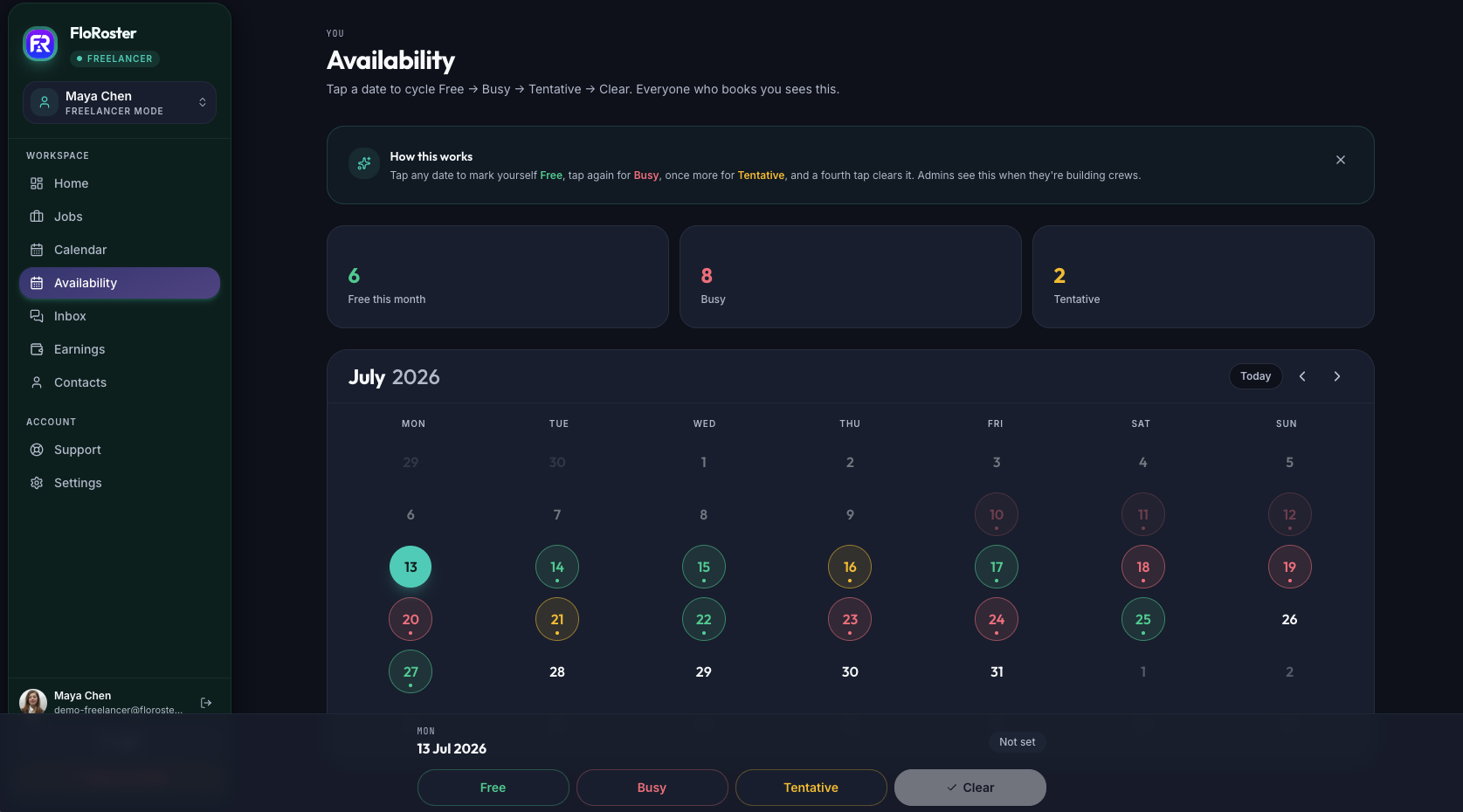 FloRoster availability calendar on desktop