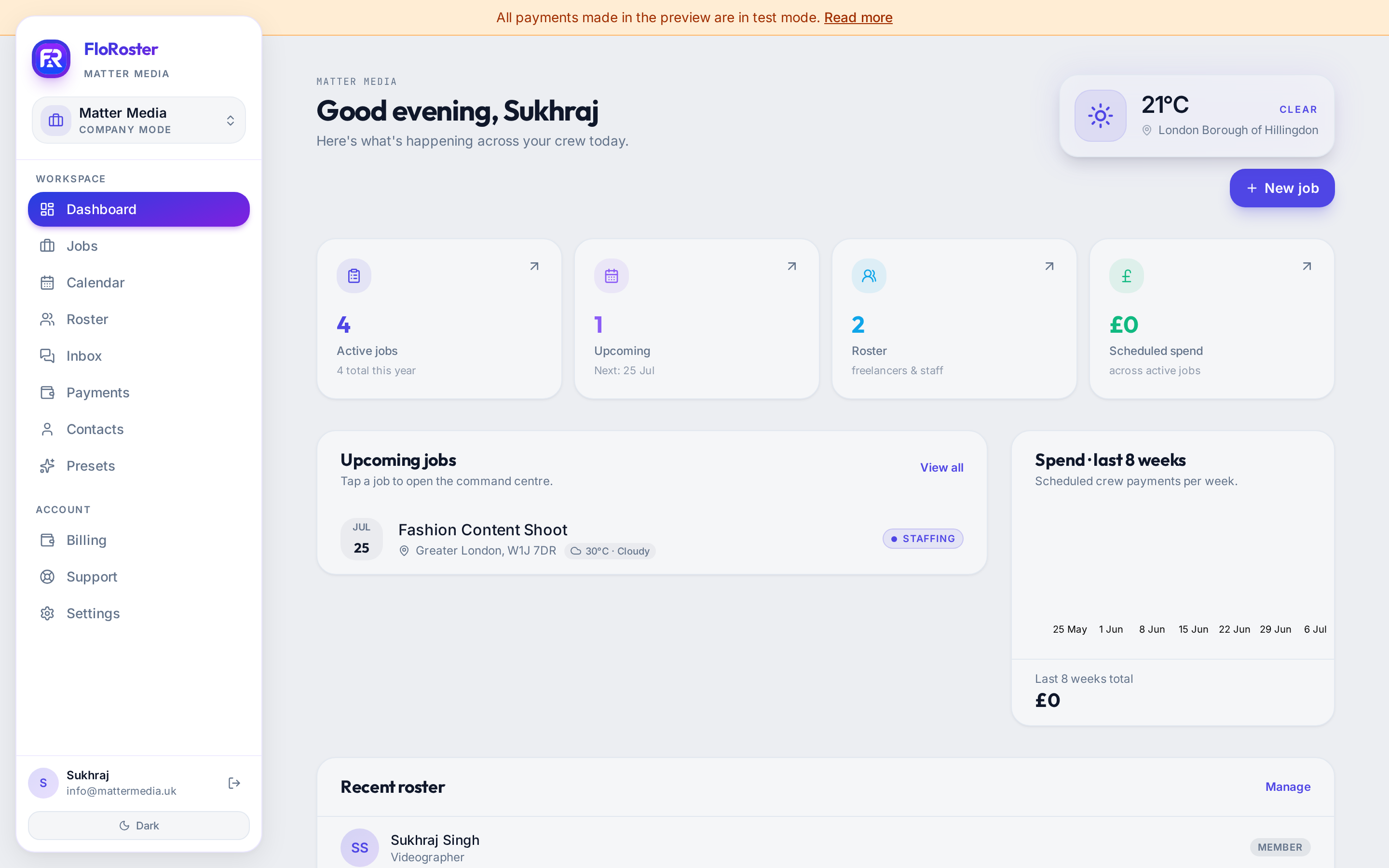 FloRoster dashboard with weather on upcoming job