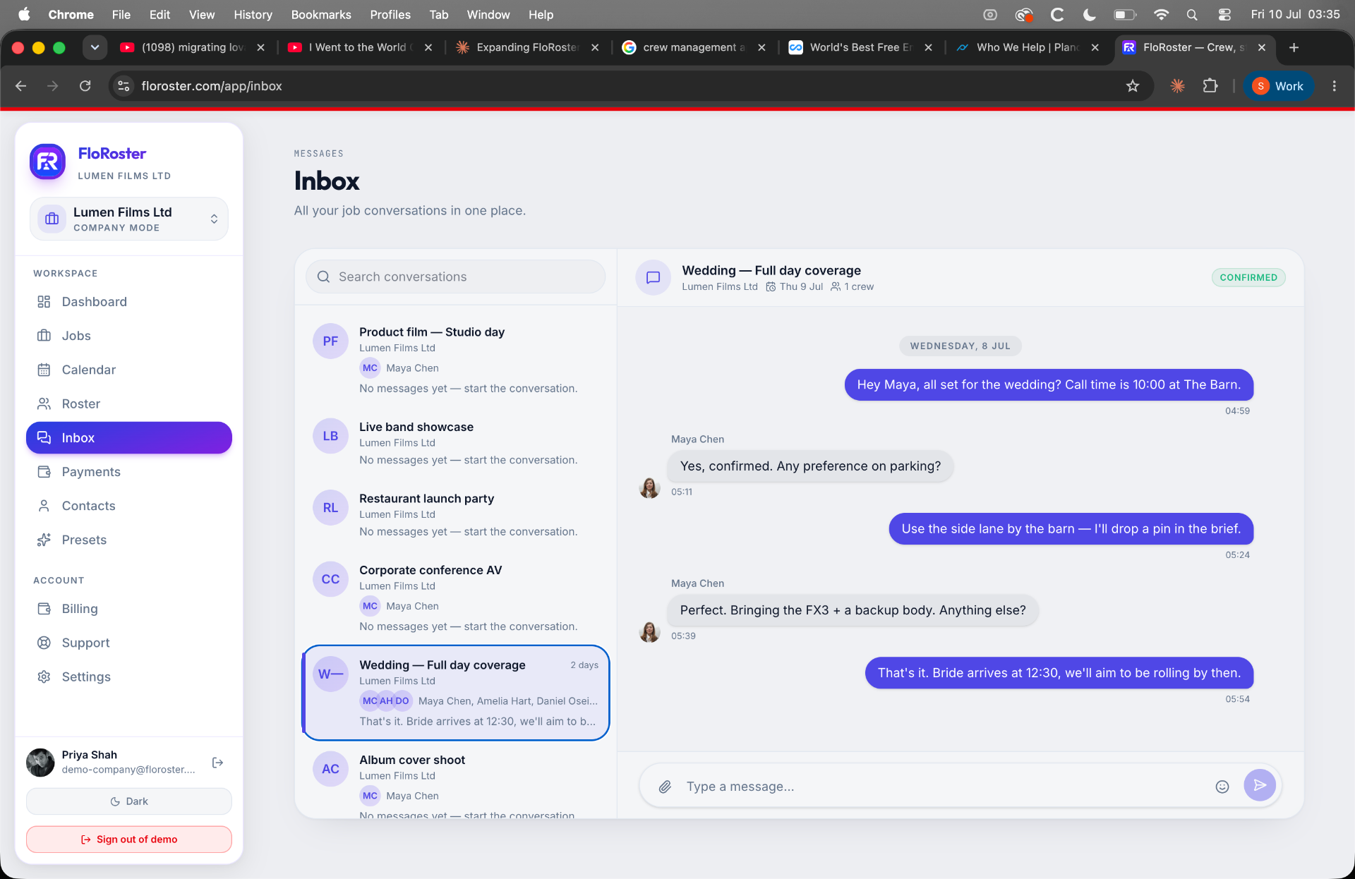 FloRoster job message threads