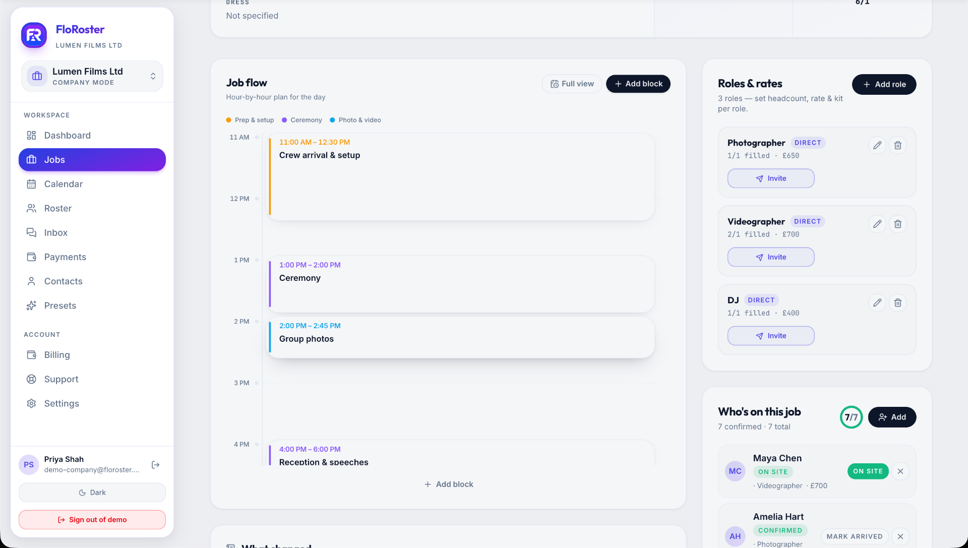 FloRoster job brief page with crew and files