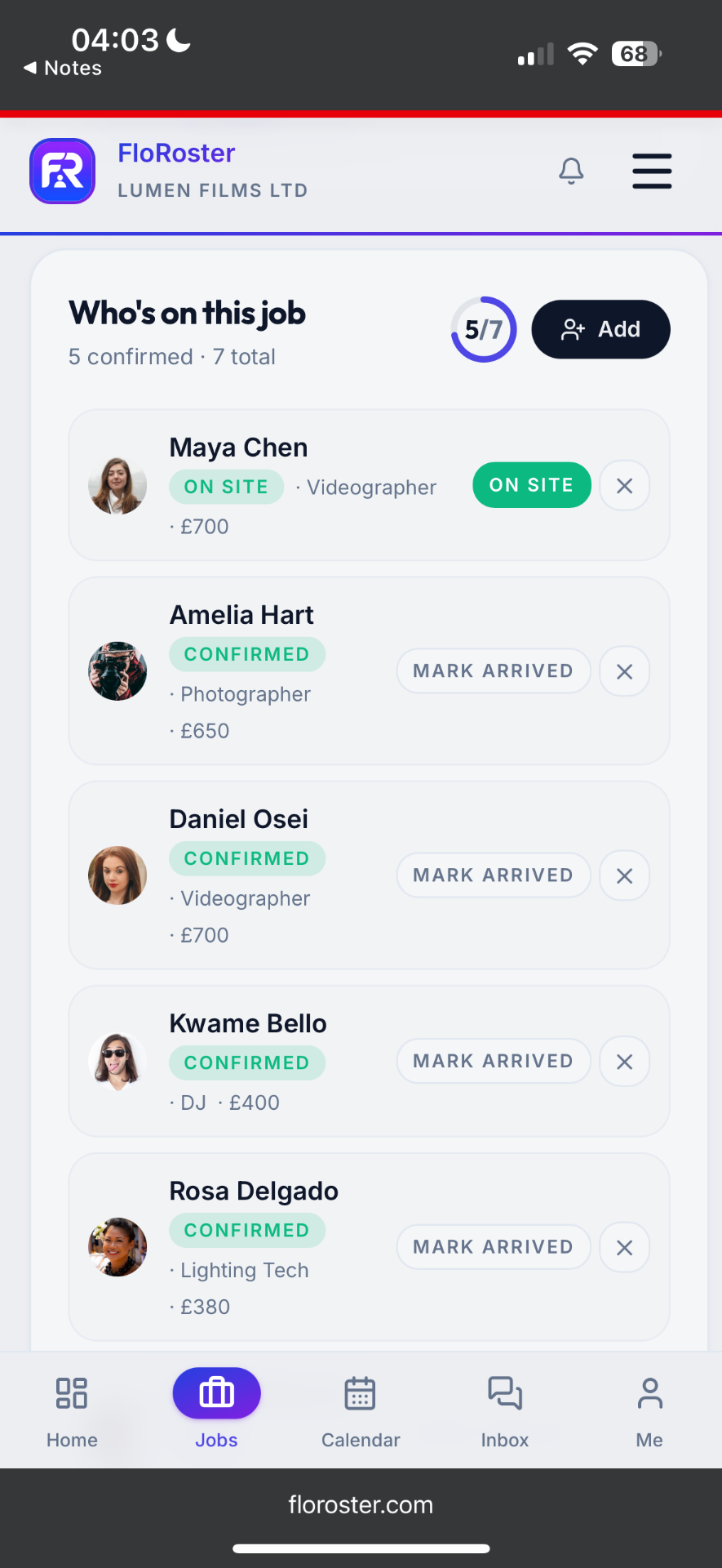 FloRoster crew list on mobile