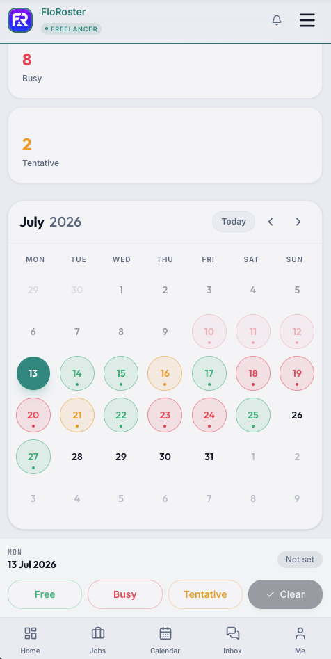 FloRoster availability calendar on mobile