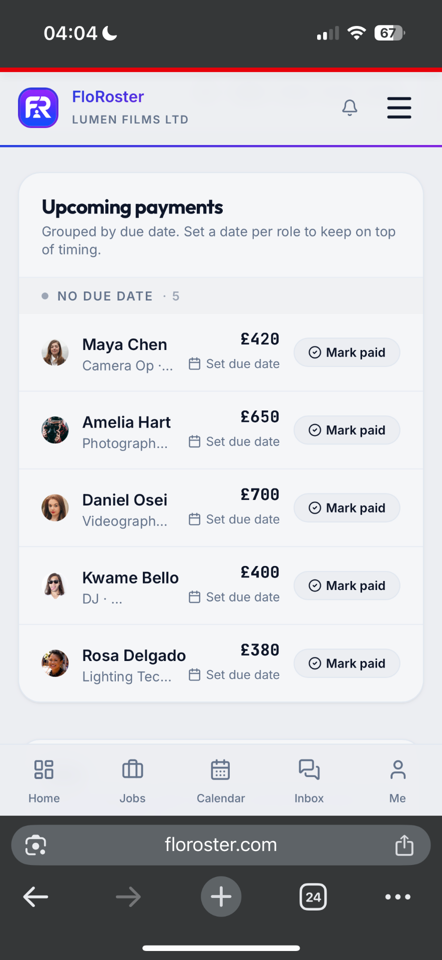 FloRoster mark paid on mobile