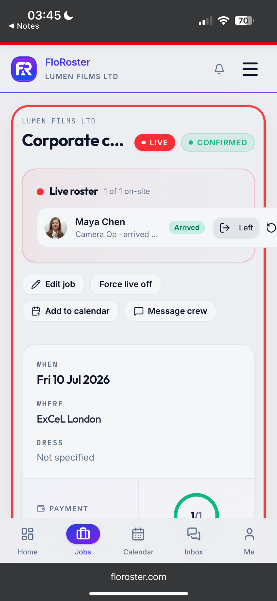 FloRoster live job on mobile