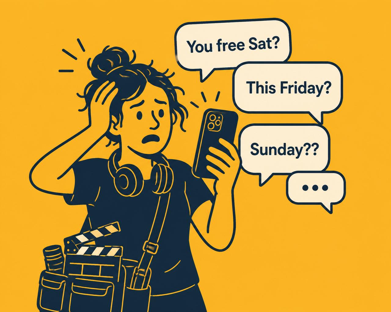 Illustration of a freelancer receiving overlapping job enquiries on their phone