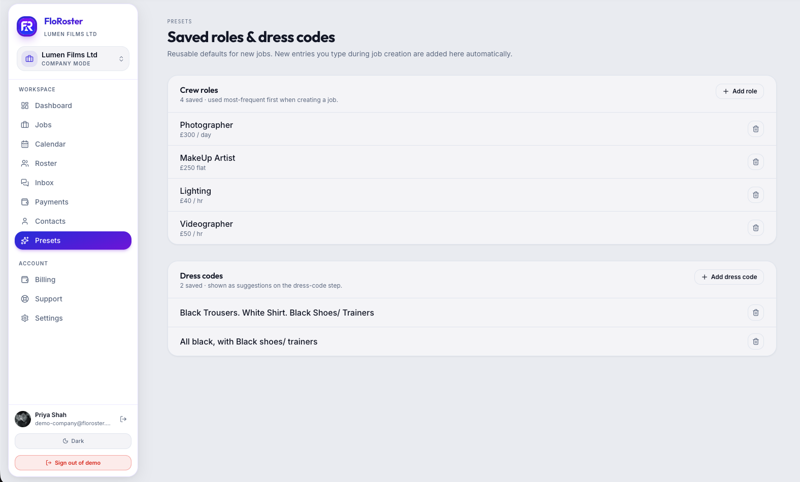 FloRoster saved role & rate presets