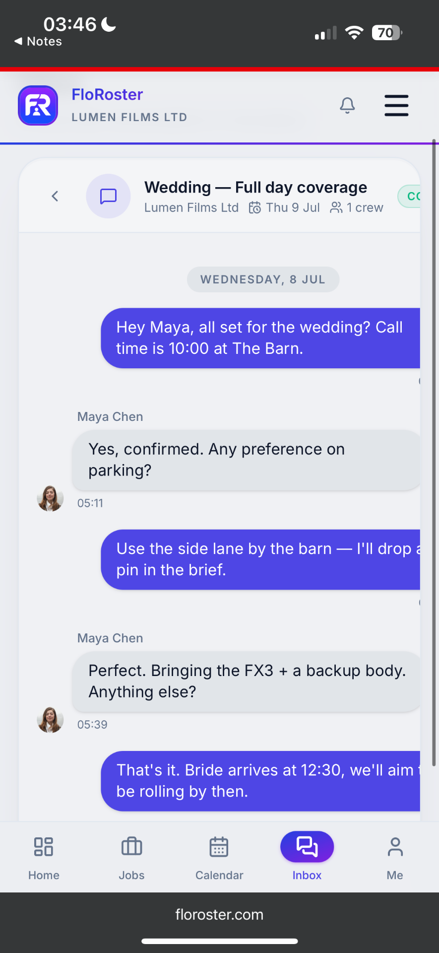 FloRoster messages on mobile